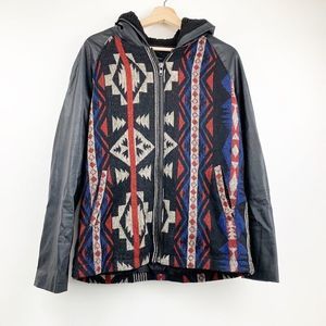 Forever 21 Womens Jacket Black Blue Aztec Zip Up Hooded Pocket Fleece Lined M